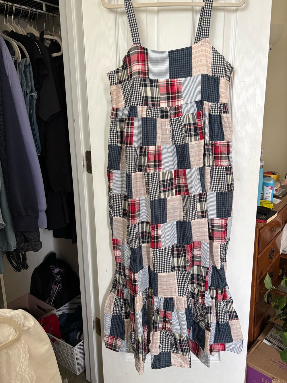 Patchwork Plaid Maxi Sundress - Navy, Red & Cream